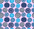 Abstract vector creative seamless pattern with various circles. Geometry background in trendy bright blue, pastel pink colors